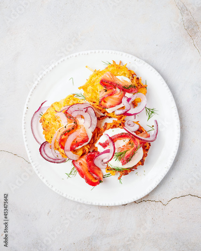 Potato rosti with salmon and creme fraiche