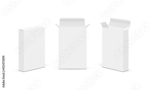 Paper Rectangular Slim Boxes with Opened and Closed Lid, Front and Side View, Isolated on White Background. Vector Illustration © Nika