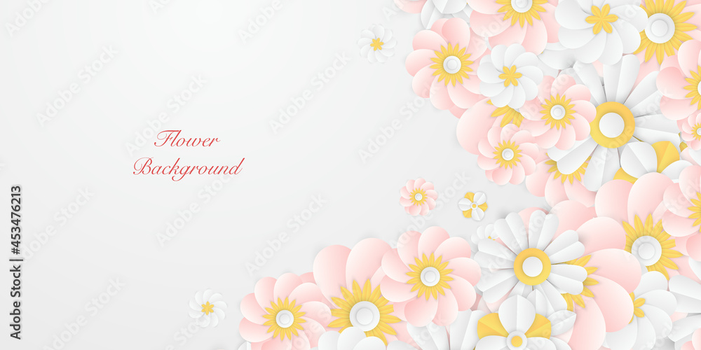Romantic flowers banner background. Floral embroidery. Seamless pattern with beautiful flowers on pastel white beige background. Fashion design. Flower frames and monogram concept in minimal art