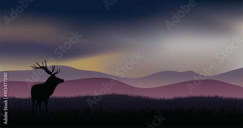 Vector silhouette landscape illustration of a deer in a meadow with aurora in the sky