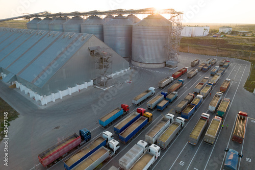 Grain terminals of modern sea commercial port. Silos for storing grain. Many trucks are waiting in line for unloading in port harbor, top view from quadcopter. Industrial background. Logistics, trade