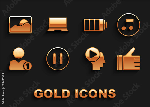 Set Pause button, Music note, tone, Hand like, Head people with play, Add friend, Battery charge level indicator, Picture landscape and Laptop icon. Vector