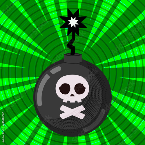 Vector illustration, a cartoon bomb with a skull and bones on an acidic bright green background. An explosive device in a casual style.
Comics, flat, pop art, icon.
