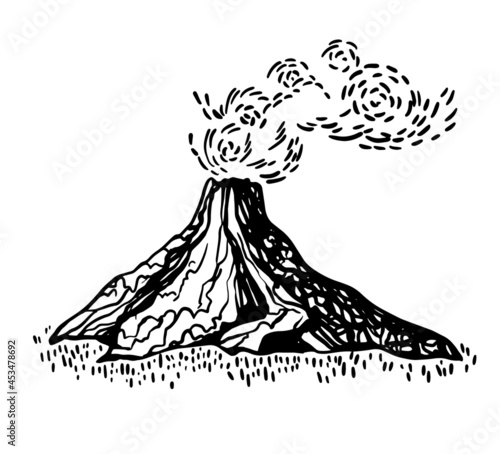 Volcano eruption with smoke in the sky. Hand drawn vector sketch in engraved style. Mountain doodle in monochrome minimalistic style. scribble illustration