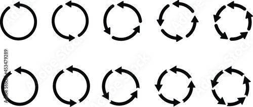 Circle arrows icon set. Round reload sign, repeat icon, rotate arrow symbol,  arrow pictogram refresh reload rotation loop sign set