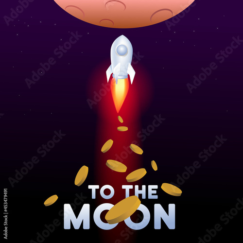 rocket to the moon with coin spreads. for cryptocurrency exchange  increased rapidly. vector iillustration graphic 