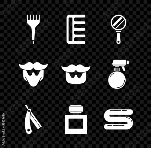 Set Hairbrush, Hand mirror, Straight razor, Aftershave, Towel, Mustache beard and icon. Vector