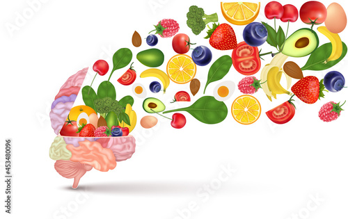 Healthy brain food boost brainpower nutrition concept as a group of nutritious nuts vegetables and berries rich in omega 3. That helps treat symptoms alzheimer's, dementia and depression. 3D vector.