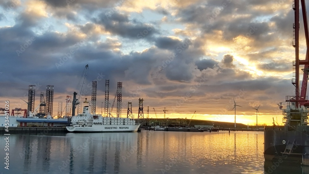 sunset in the port