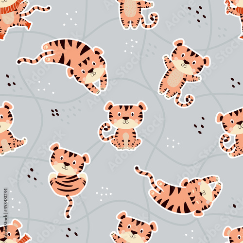 Seamless pattern with cute tigers. Sleeping, sitting playful striped tigers on gray background with an abstract mesh pattern with decor. Vector illustrations for design, decor, textiles and wallpapers