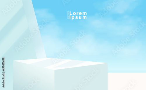 Abstract 3D white podium with blue sky background. Modern vector rendering geometric platform for product display presentation.