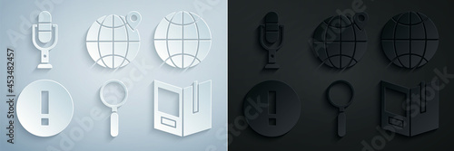 Set Magnifying glass, Social network, Information, Open book, Location the globe and Microphone icon. Vector