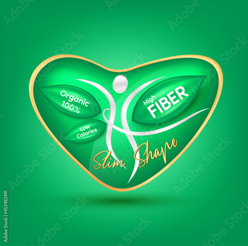 High Fiber and Vitamin, Foods make the body healthy slim Shape. Logo Products Template. Healthy nutrition and diet. Food rich fiber, beans and rice, broccoli and apple. Vector illustration
