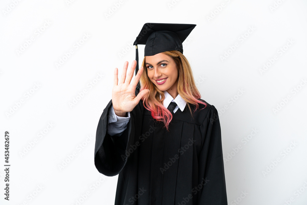 Young university graduate over isolated white background counting five with fingers Young university graduate over isolated white background counting five with fingers