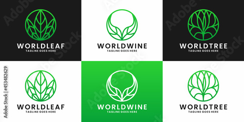 collections world leaf, world wine world tree logo design vector