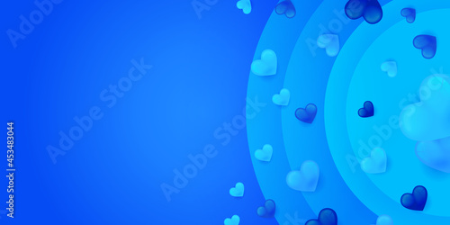 Valentine background with hearts falling. Valentine's day background with hearts. Blue hearts with golden confetti isolated on transparent background. Vector illustration. Paper cut decoration