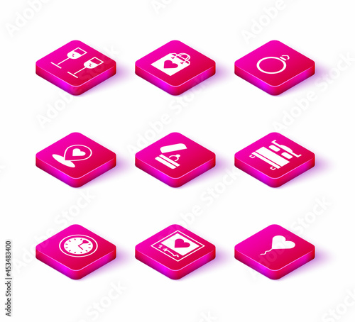 Set Clock, Photo frames and hearts, Location with, Wedding rings, Balloon form of, Bedroom, Diamond engagement and Shopping bag icon. Vector