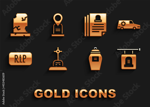 Set Grave with cross, Hearse car, Signboard tombstone, Funeral urn, Speech bubble rip death, Death certificate, Old grave and Location icon. Vector