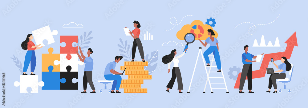 Naklejka premium People searching for creative solutions. Teamwork business concept. Modern vector illustration of people for web design