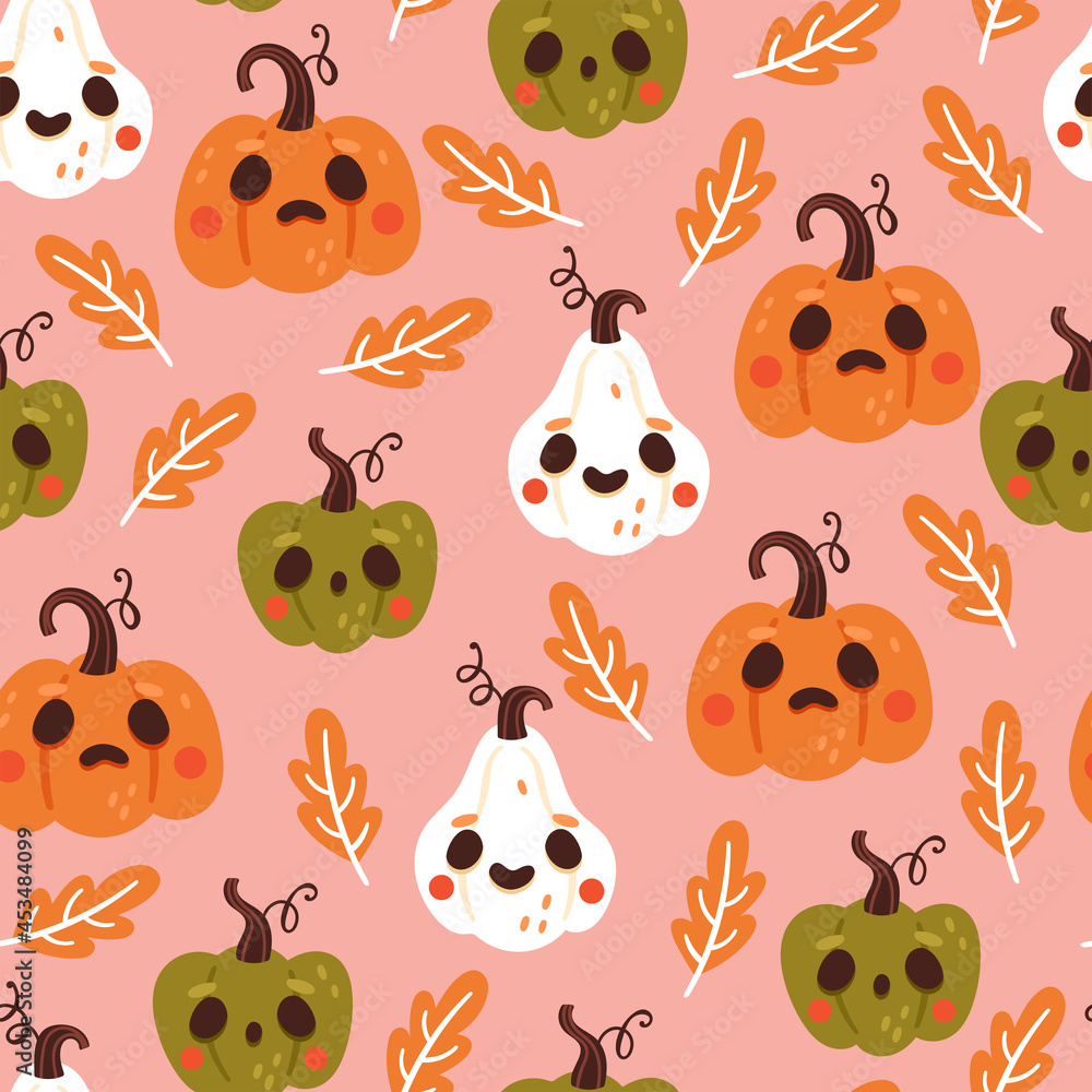Seamless pattern for Halloween holiday with cute jack o lantern pumpkin.  Childish background for fabric, wrapping paper, textile, wallpaper and apparel