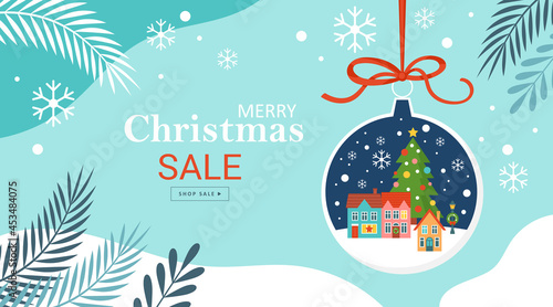 Merry Christmas background template for social media, banner or poster design. Country village landscape in bauble ornament creative concept.