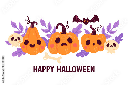 Halloween holiday greeting card design with cute jack o lantern pumpkin, skull and leaves.