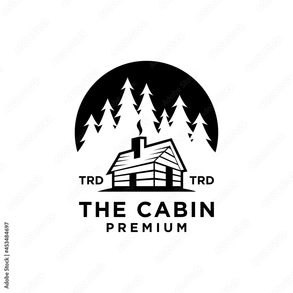 premium wooden cabin and pine forest on the circle retro vector black logo design isolated white background