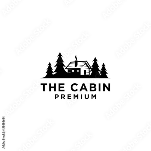 premium wooden cabin and pine forest mountain retro vector black logo design isolated white background