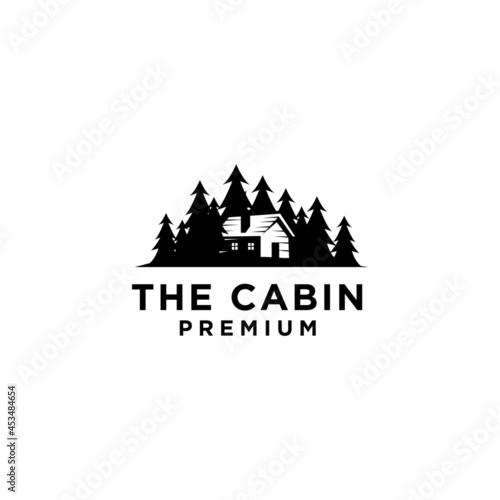 Fotomurale premium wooden cabin and pine forest mountain retro vector black logo design iso