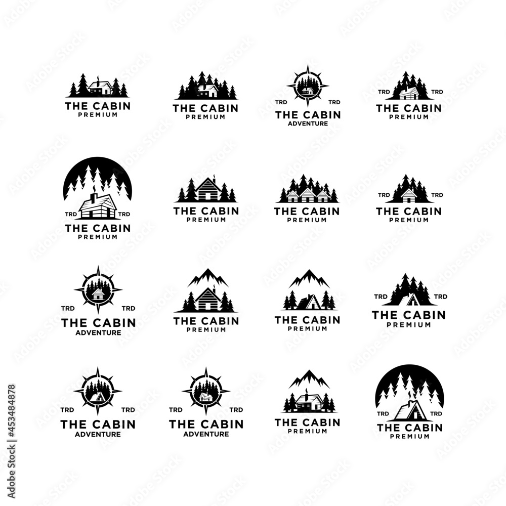 Ταπετσαρία set collection premium wooden cabin and mountain pine forest retro vector black