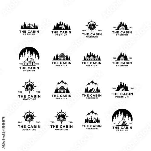 set collection premium wooden cabin and mountain pine forest retro vector black logo design isolated white background