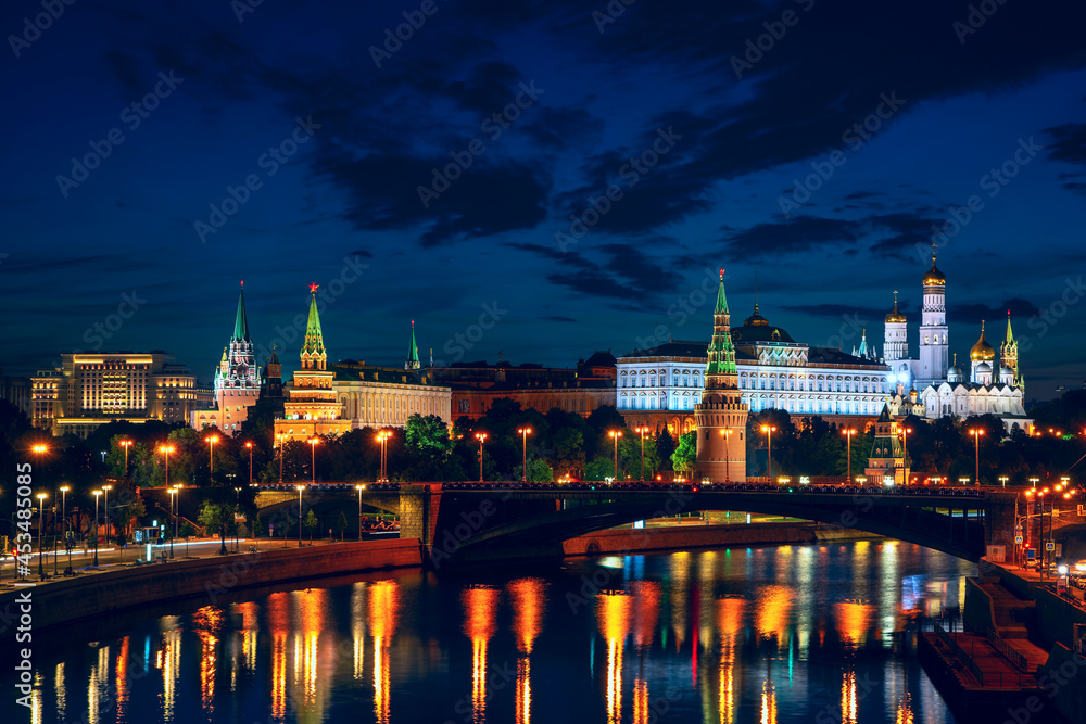 Moscow, Russia. Kremlin Embankment, Big stone bridge and Moscow river, dawn is coming soon. Architecture and sights of Moscow.	
