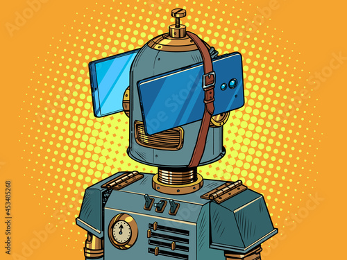 Robot in virtual reality glasses. Smartphones instead of eyes