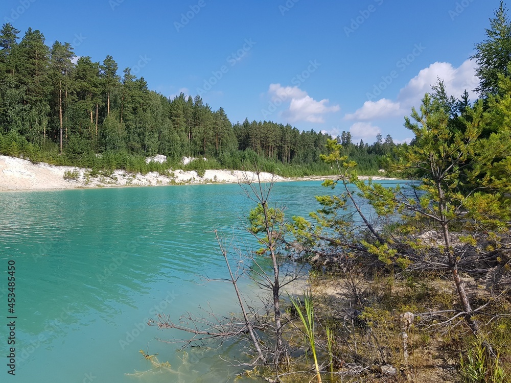 Green trees on the banks of the turquoise lake