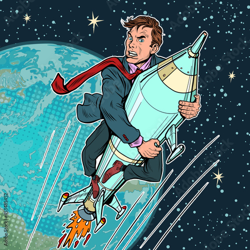 A businessman flies on a rocket, a startup