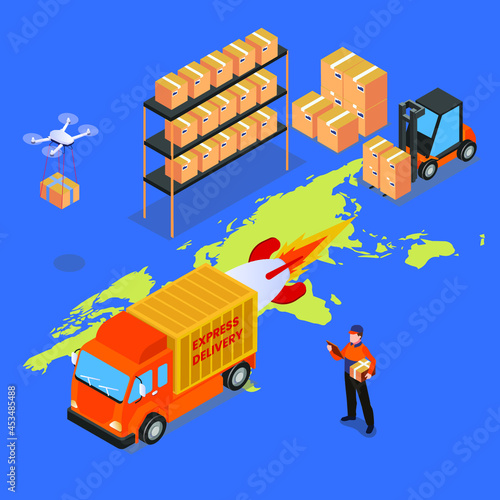 Worldwide express delivery 3d isometric vector illustration concept for banner, website, landing page, ads, flyer