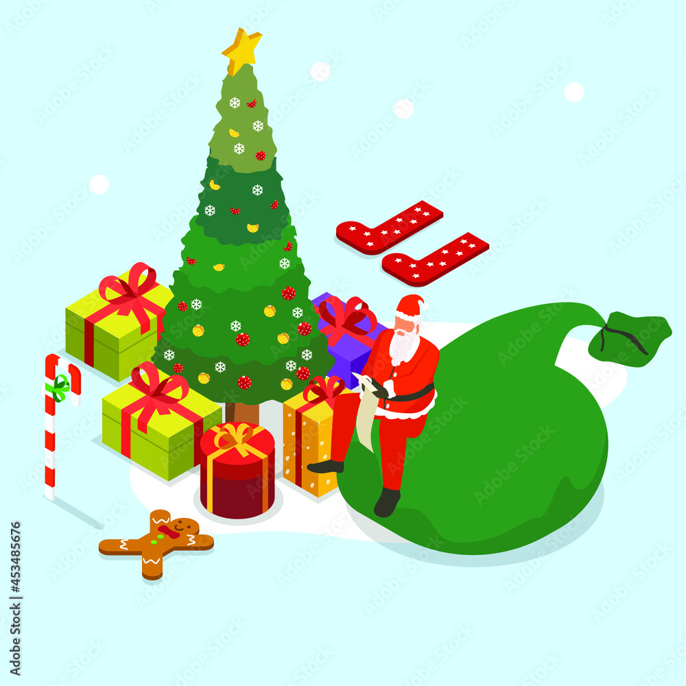 Santa Claus checking his list while sitting on a huge gift bag 3d isometric vector illustration concept for banner, website, landing page, ads, flyer Santa Claus checking his list while sitting on a huge gift bag 3d isometric vector illustration concept for banner, website, landing page, ads, flyer