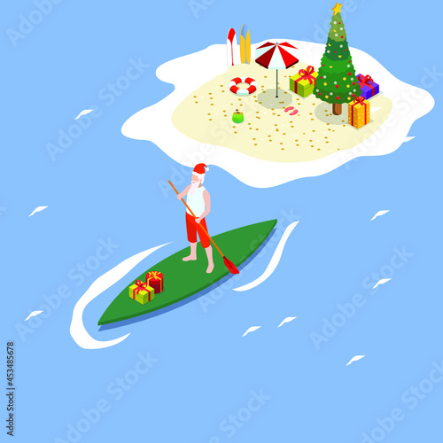 Santa Claus on Stand Up Paddle delivering christmas gifts 3d isometric vector illustration concept for banner, website, landing page, ads, flyer