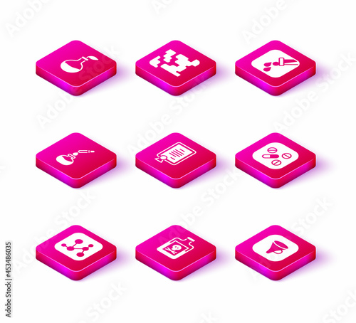Set Chemical formula, Poison in bottle, Test tube and flask, Certificate template, Funnel filter, Medicine pill tablet, and Gaseous icon. Vector
