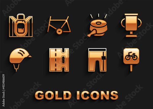 Set Bicycle lane, Award cup with bicycle, parking, Cycling shorts, helmet, bell, Hiking backpack and frame icon. Vector