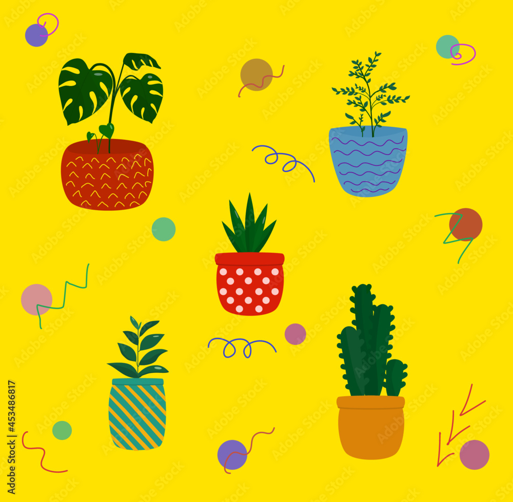 Colourful set of different plants in pots and details on yellow background Colourful set of different plants in pots and details on yellow background