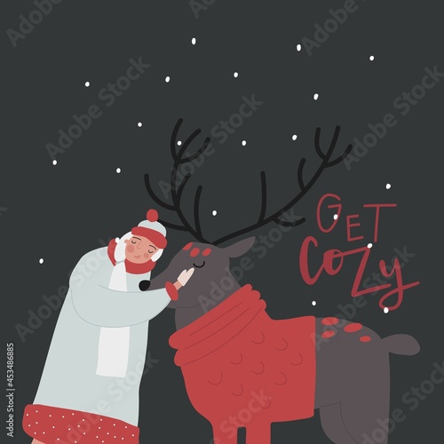 Snow maiden hand drawn cartoon character, reindeer in knitted sweater, lettering quote: get cozy. Vector illustration