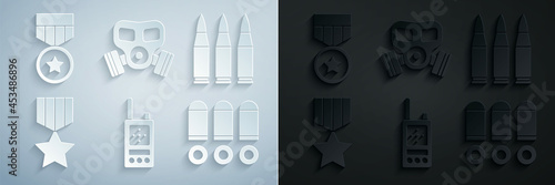 Set Walkie talkie, Bullet, Military reward medal, Gas mask and icon. Vector
