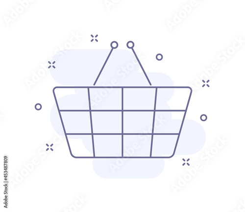 shopping basket outline vector illustration isolated on white. shopping basket purple line icon with light pink background and decorations. for web and ui design, mobile apps and print polygraphy