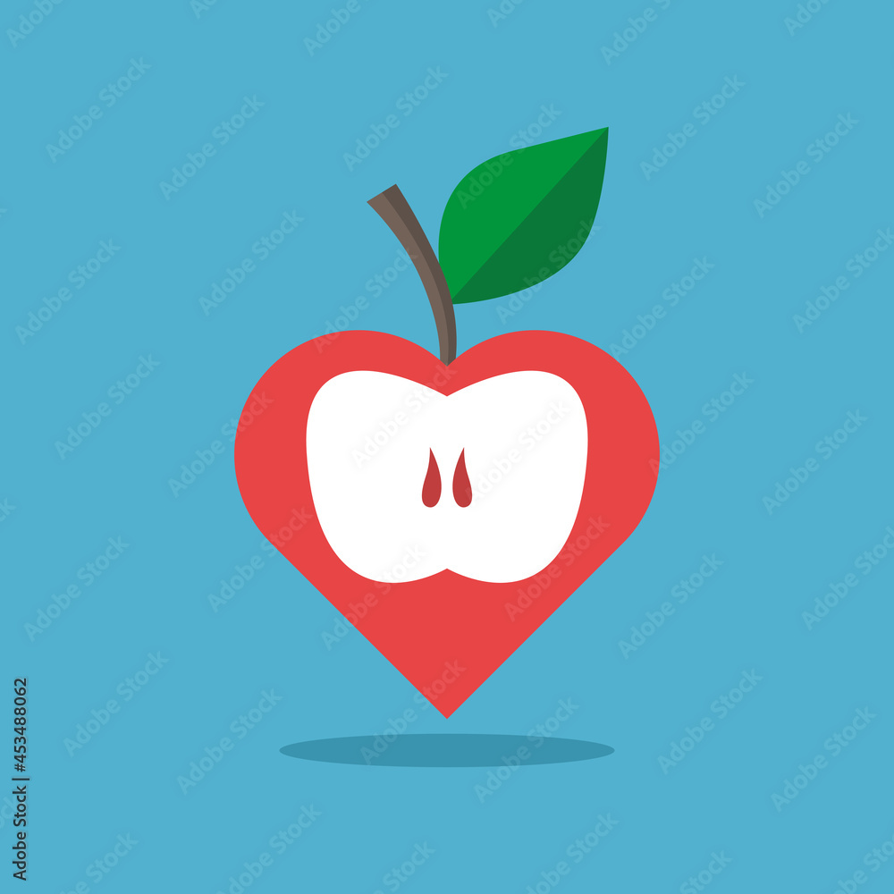 Fototapeta premium Red stylized heart-shaped apple on blue background. Healthy eating, lifestyle, food, healthcare, summer and romance concept. Flat design. Vector illustration. No gradients, no transparency