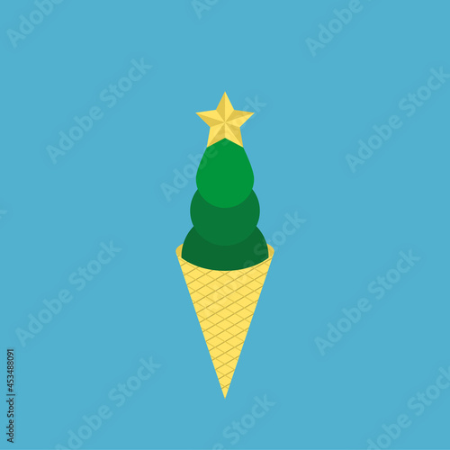 Stylized Christmas tree shaped ice cream on blue background. New Year, winter, holiday, December, party and dessert concept. Flat design. Vector illustration. No gradients, no transparency