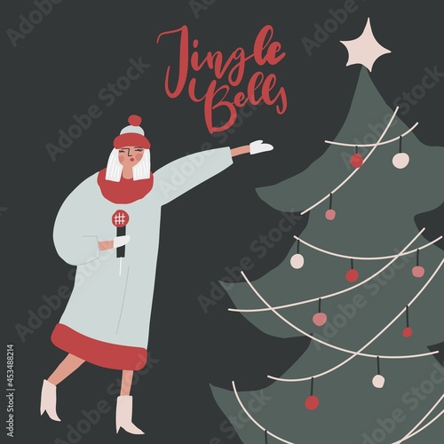 The host of the show snow maiden hand drawn cartoon character, festive Christmas tree, lettering quote: jingle bells. Vector illustration