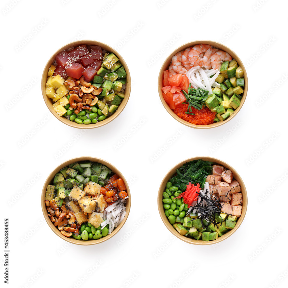 Poke bowls on a white background, isolated. food delivery, fast food. The traditional Hawaiian food. Good dieting. Healthy food Poke bowls on a white background, isolated. food delivery, fast food. The traditional Hawaiian food. Good dieting. Healthy food