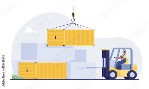 Forklift raising a freight container into storage.