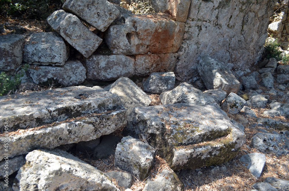 Ruins of the antcient greek theater, Kedrai, Sedir island,Gulf of Gokova, Aegean Sea, Turkey Ruins of the antcient greek theater, Kedrai, Sedir island,Gulf of Gokova, Aegean Sea, Turkey